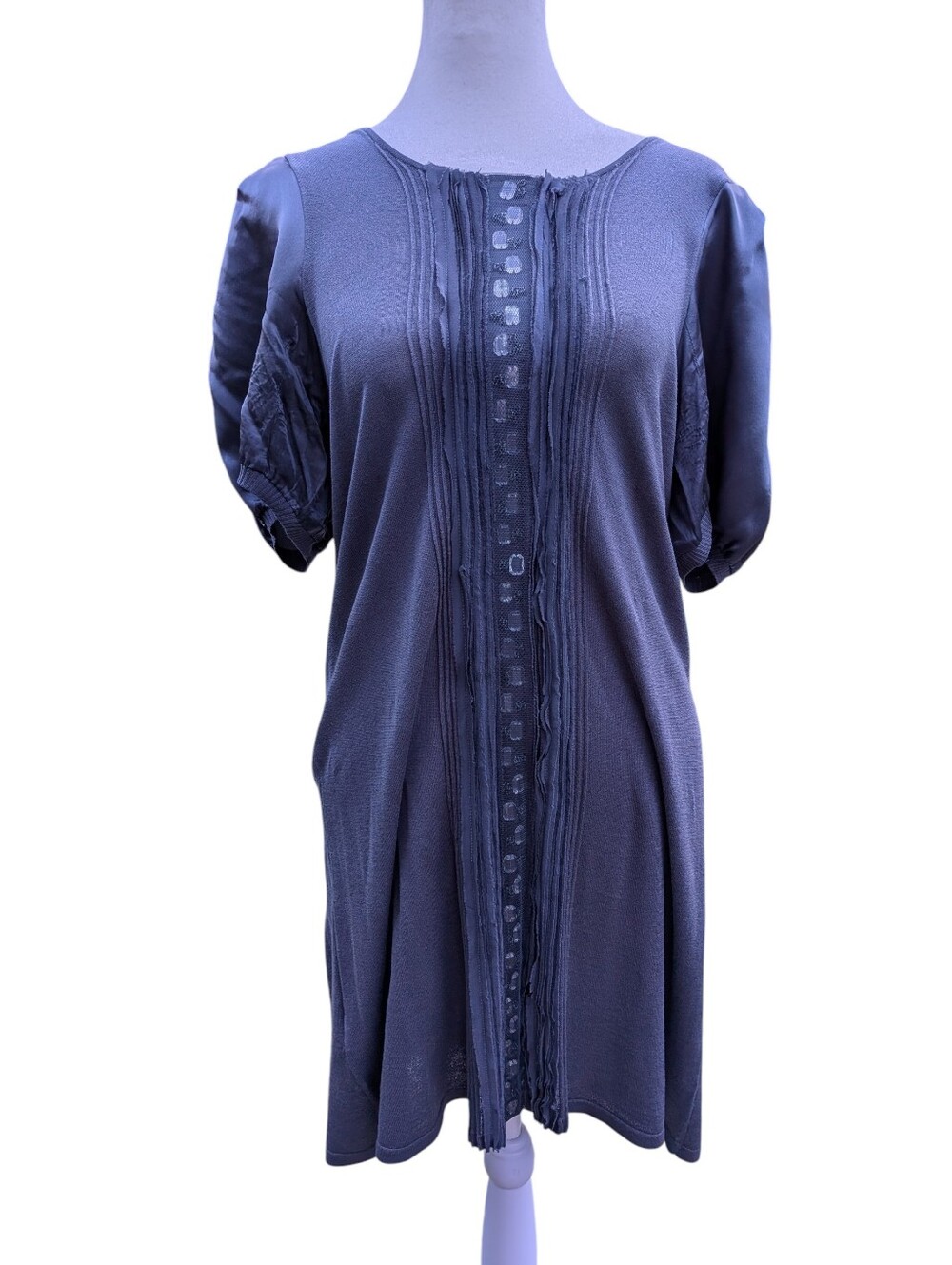 Women's BCBGMaxazria Navy Blue Short Puffy Sleeved Silk Dress, Sz M
